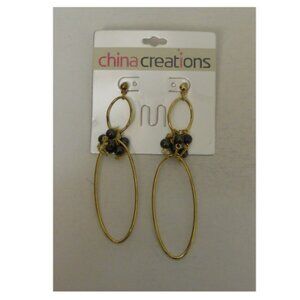 Womens Fashion Drop Dangle Earrings Gold Links Black Beads CHINA CREATIONS Push